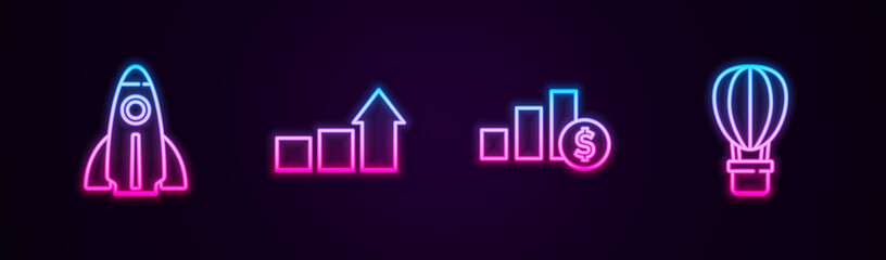 Set line Startup project concept, Financial growth, Pie chart and dollar and Hot air balloon. Glowing neon icon. Vector.