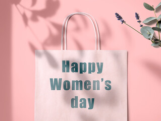 White shopping bag celebrating the women's day on March 8 on a pink background with Eucalyptus leaves and rosemary flower