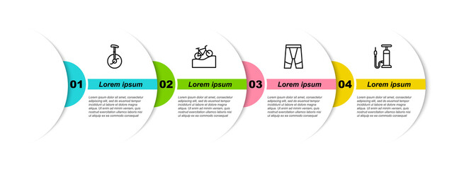 Set line Unicycle or one wheel bicycle, Mountain, Cycling shorts and Bicycle air pump. Business infographic template. Vector. © vector_v