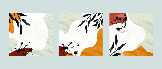 Satz von 3 Illustrationsvektor ENV 10 handgezeichneter Druck. Gemalte abstrakte geometrische Formen. Zeitgenössischer ästhetischer Boho Mitte des Jahrhunderts moderner skandinavischer nordischer Kunstdesignstil mit botanischer Gartenpflanze © kknstudio