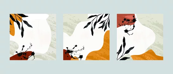 Satz von 3 Illustrationsvektor ENV 10 handgezeichneter Druck. Gemalte abstrakte geometrische Formen. Zeitgenössischer ästhetischer Boho Mitte des Jahrhunderts moderner skandinavischer nordischer Kunstdesignstil mit botanischer Gartenpflanze © kknstudio