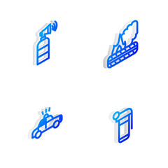 Set Isometric line Lying burning tires, Air horn, Police car and flasher and Hand grenade icon. Vector.