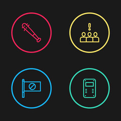 Set line Protest, Police assault shield, Crowd protest and Baseball bat with nails icon. Vector.
