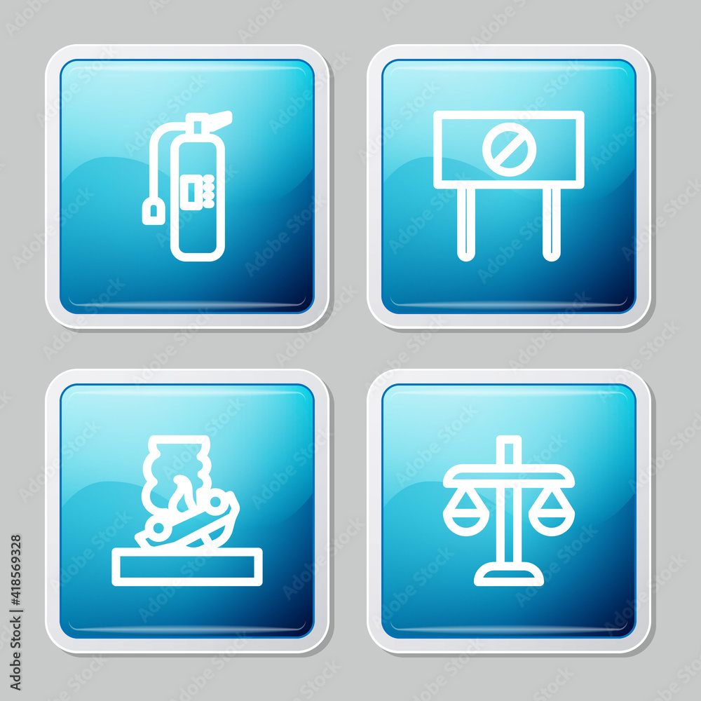 Sticker set line fire extinguisher, protest, burning car and scales of justice icon. vector.