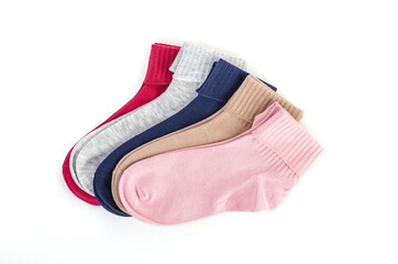 Set of womens cotton socks isolated on white background, comfortable clothes for home and sports