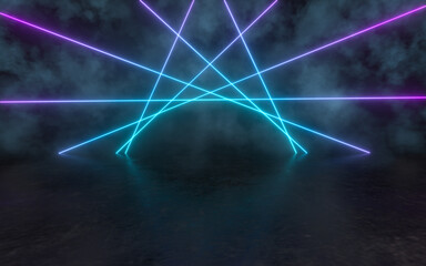 Glowing neon lines in the dark basement, 3d rendering.