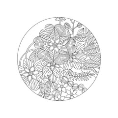 Outline doodle flowers mandala in black and white for adult coloring books, monocrome floral vector pattern.