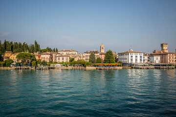 Sirmione. View of the marina and the town on Lake Gardaa. Lombardy, Italy