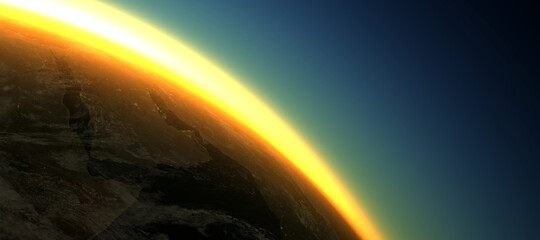 Section of the earth's surface with orange glowing and dense atmosphere to illustrate global warming - 3d illustration