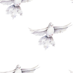 Pigeon clip art watercolor dove bird fly, olive leaves illustration seamless pattern on white background