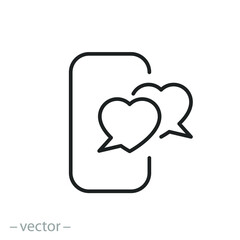 love chat icon, couple hearts as phone message, communication lovers, thin line symbol on white background - editable stroke vector illustration