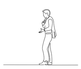 Standing man emotionally gesturing. One line drawing.