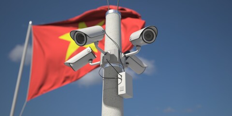 Outdoor security cameras near flag of Vietnam. 3d rendering