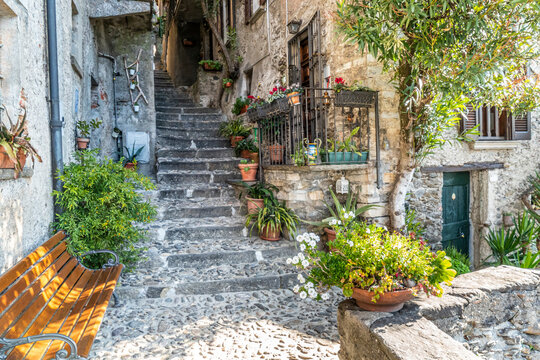 Corenno Plinio with stone houses, plants and flowers
