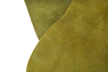 Genuine leather piece isolated on white background.Yellow genuine leather .real leather surface. Hobby and craft material. leather texture close-up.