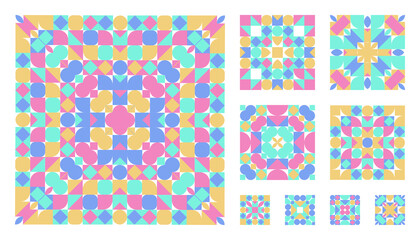 Arabesque arabian geometric flat colorful pattern background set in square shape for using as backdrop wallpaper. Simple geometric pattern vector geometry