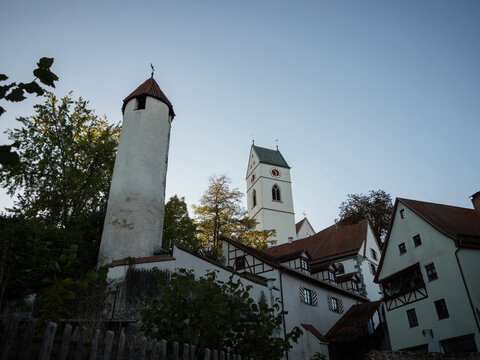 Panorama view of historic white city gate Zellemeesturm tower and parish church St Georg in Riedlingen Swabia Germany