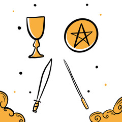 Hand drawn illustration of witches hand and tarot cards. Magic symbols. Flat and cartoon style. Wicca magic Tarot card. Boho chic line art tattoo, poster