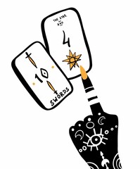 Hand drawn illustration of witches hand and tarot cards. Magic symbols. Flat and cartoon style. Wicca magic Tarot card. Boho chic line art tattoo, poster or altar veil print design.