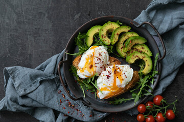 Breakfast with poached egg, avocado and arugula. with fried toast and cherry tomatoes, served in a cast-iron pan on a textile background. Top view