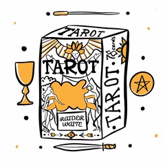 Hand drawn illustration of witches hand and tarot cards. Magic symbols. Flat and cartoon style. Wicca magic Tarot card. Boho chic line art tattoo, poster or altar veil print design.