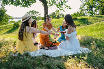 Friends having picnic in the countryside. Group of young women sitting on blanket in park near...