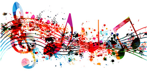 Colorful musical promotional poster with musical notes isolated vector illustration. Artistic background with G-clef for live concert events, music festivals and shows, party flyer template