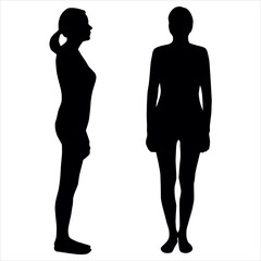 Two silhouettes of girls, women without movement, stand straight, upright. Female silhouette with hair gathered in a ponytail. Side view, profile, full face. Back is straight, arms lie along the body.