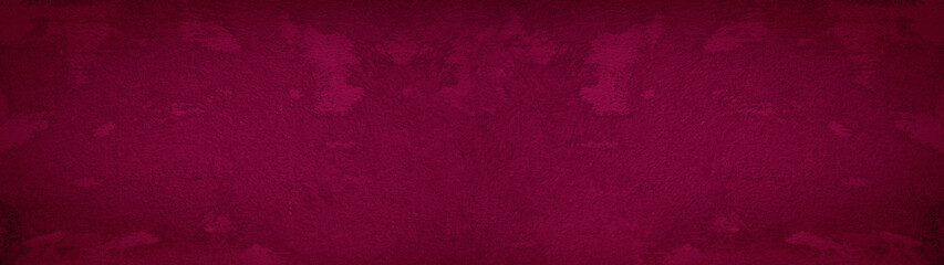 Abstract dark magenta pink damaged grunge stone concrete plaster facade wall texture background panorama banner long