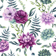 Seamless Pattern of Watercolor Pink Flowers and Succulents