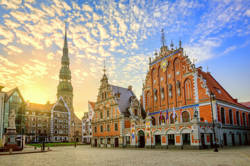 Riga city Old town center on sunrise, Latvia - obrazy, fototapety, plakaty