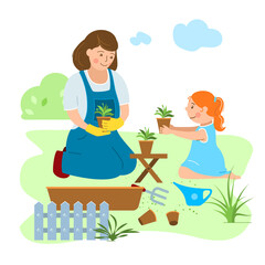 Mother and daughter plant flowers in the garden. Vector, isolated.