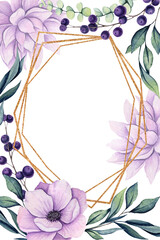 Hand Painted Card Template with Watercolor Dahlia Flowers and Leaves