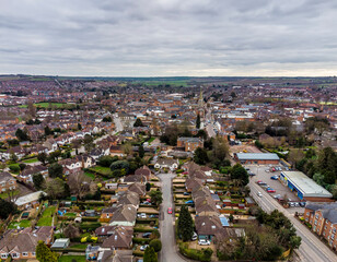 A panorama aerial view from the northern side of Market Harborough, UK in springtime