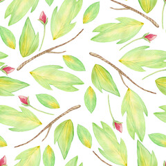 Spring Easter seamless pattern. Branches, green leaves and unopened buds. Watercolor