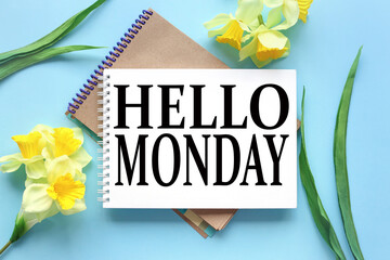 Hello Monday. text on white notepad paper on blue background. near notepad with yellow flowers and green leaves