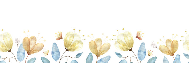 Watercolor seamless border with golden flower buds, large abstract flowers and leaves on a white background, Watercolor pattern for fabrics, decoration, dresses, packaging.