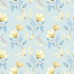 Watercolor seamless pattern with golden flower buds, large abstract flowers and leaves on a light blue background, Watercolor pattern for fabrics, decoration, dresses, packaging.