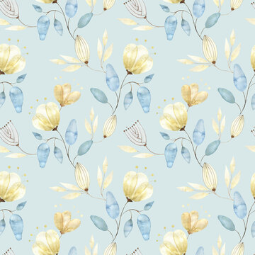 Watercolor seamless pattern with golden flower buds, large abstract flowers and leaves on a light blue background, Watercolor pattern for fabrics, decoration, dresses, packaging. © Vasia_illi