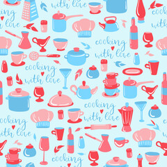Pink and blue seamless vector pattern. Cooking with love. Kitchen utensils set. Recipe book. Can be used for wallpaper, pattern fills, textile, web page background, surface textures.