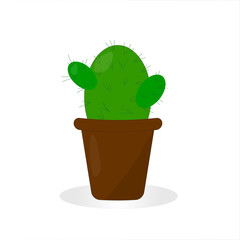 Green cactus in a brown pot on a white background. Illustration.