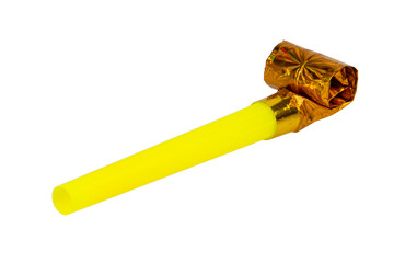 Rolled gold foil festive noisemaker or party whistle horn isolated on the white background