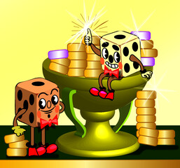 Dice and chips lie in a gold vase on a green cloth.