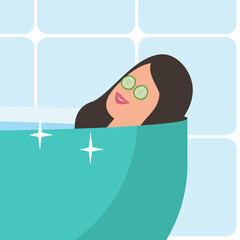Woman in bath relaxing with cucumber on eyes vector illustration