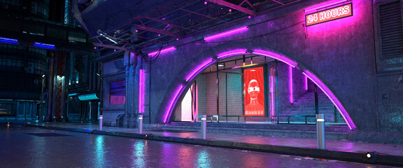 3d illustration of night scene in a style of cyberpunk. Purple neon arch and red billboards with cyborg figure and russian translation of text "Beerhouse". Neon urban landscape. Futuristic city.