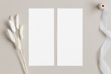 Two menu cards mockup with a satin tape and a lagurus deocoration, 4x9 ratio.