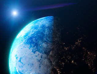 Satellite view of the Earth seen from space. The sun rising over the Europe and north Africa. Cities illuminated in the night. Sunrise. 3d render