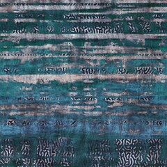 Seamless grungy tribal ethnic rug motif pattern. High quality illustration. Distressed old looking native style design in faded turquoise and gray colors. Old artisan textile seamless pattern.
