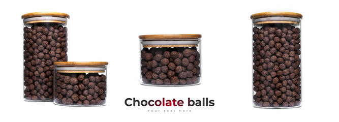 Chocolate balls in glass jar isolated on a white background. Quick breakfast.