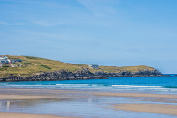 Beach of Marazion, an ancient market town in Cornwall, England.
Marazion beach is about a mile long, starting in front of the town and curving round to the Station House pub/restaurant. The bay contin